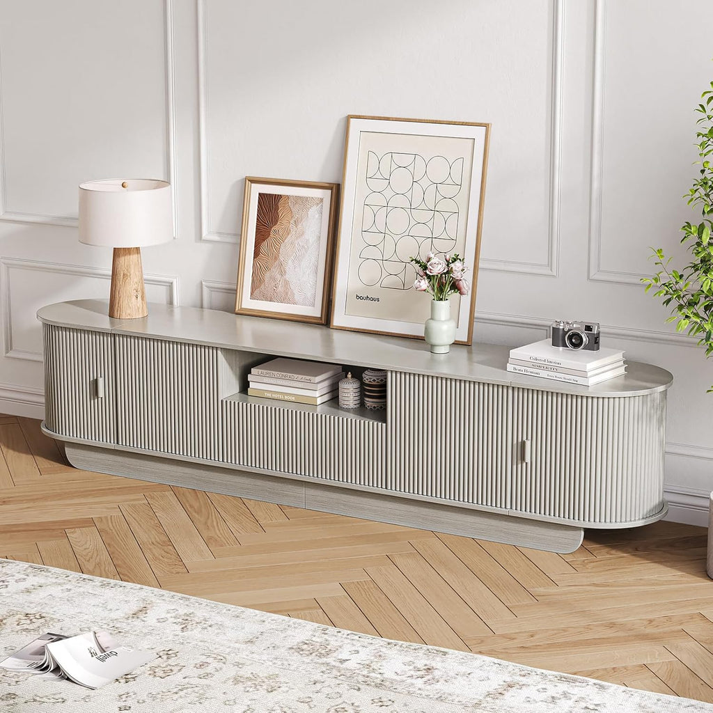 86.61'' Tambour TV Stand for 55-85 Inch, Entertainment Center with Large Storage Cabinet and Sliding Door,Curved Profile Design Media Console with Open Shelves for Living Room, Bedroom, Office, Grey