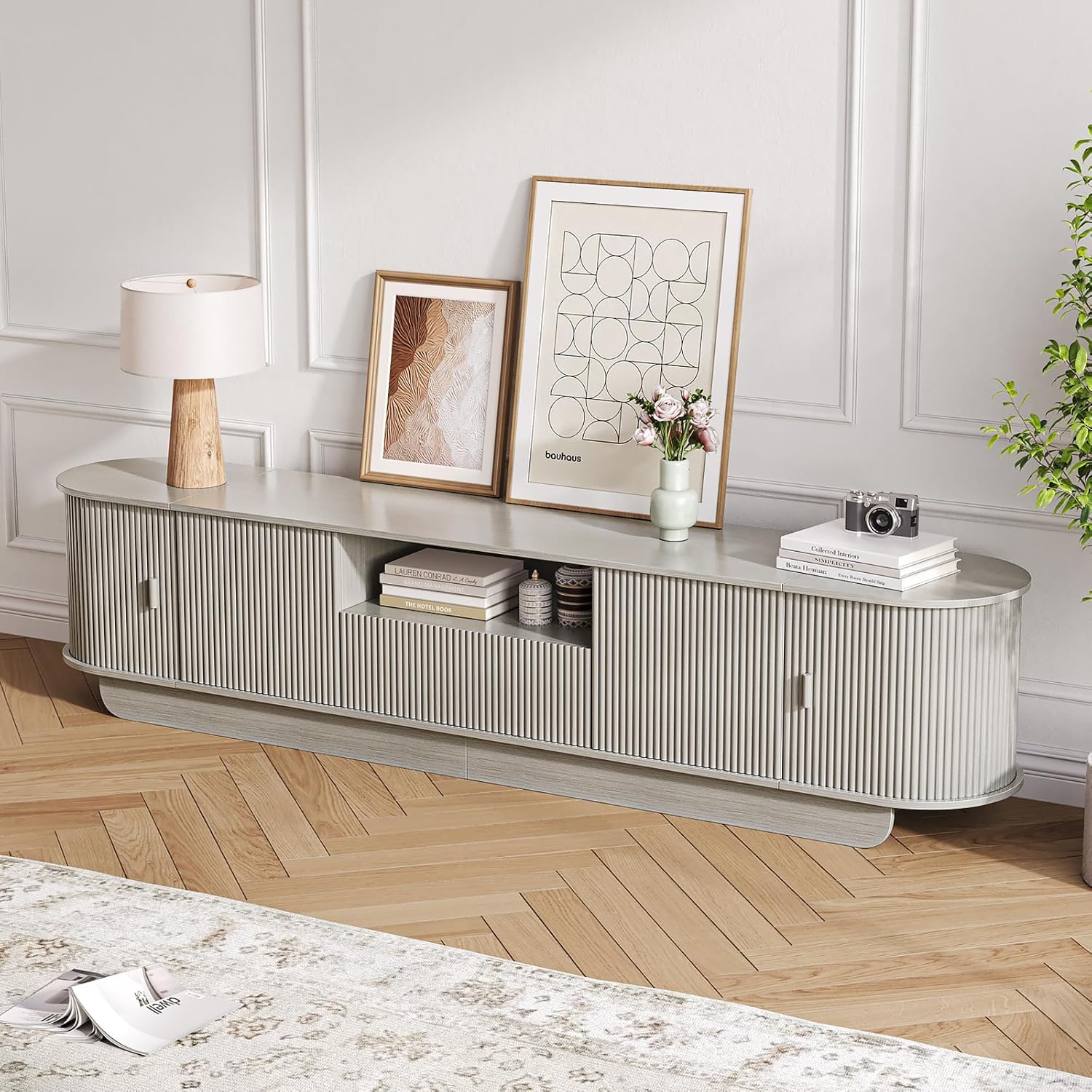 86.61'' Tambour TV Stand for 55-85 Inch, Entertainment Center with Large Storage Cabinet and Sliding Door,Curved Profile Design Media Console with Open Shelves for Living Room, Bedroom, Office, Grey