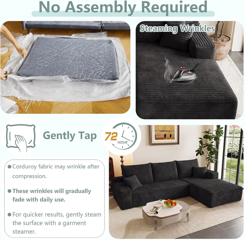 Modular Sectional Sofa Cloud Sectional Couch, 95" Comfy Fluffy L-Shaped Couches for Living Room, Deep Seat Memory Foam Plush Corduroy Boneless Couch Sectionals No Assembly (Black,Right-Facing Chaise)