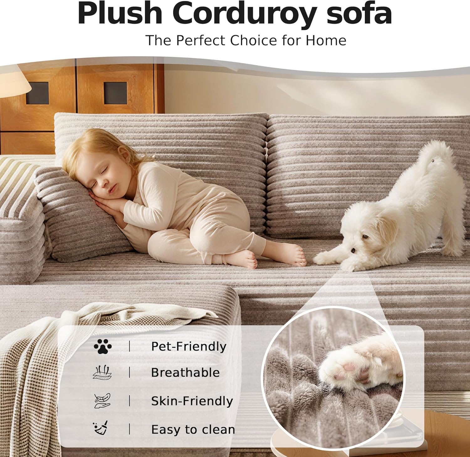 108.2" Modular Sectional Sofa with Deep Seat, Boneless U Shaped Corduroy Couch Modern Comfort, Cloud Couch Oversized for Living Room No Assembly (Camel)