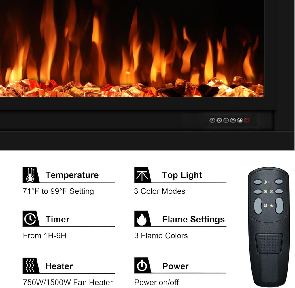 Valuxhome 50 inch Recessed Modern Electric Fireplace with WiFi Smart Control, 3 Top Light and Flame Colors, Timer&Thermostat, Overheating Protection, Logset and Crystal, Touch Screen, Black