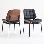 Mid Century Modern Dining Chairs with Walnut Grain Back, Black Faux Leather Dining Room Chairs Set of 2, Checkered Soft Cushion Kitchen Chairs with Adjustable Foot Pads