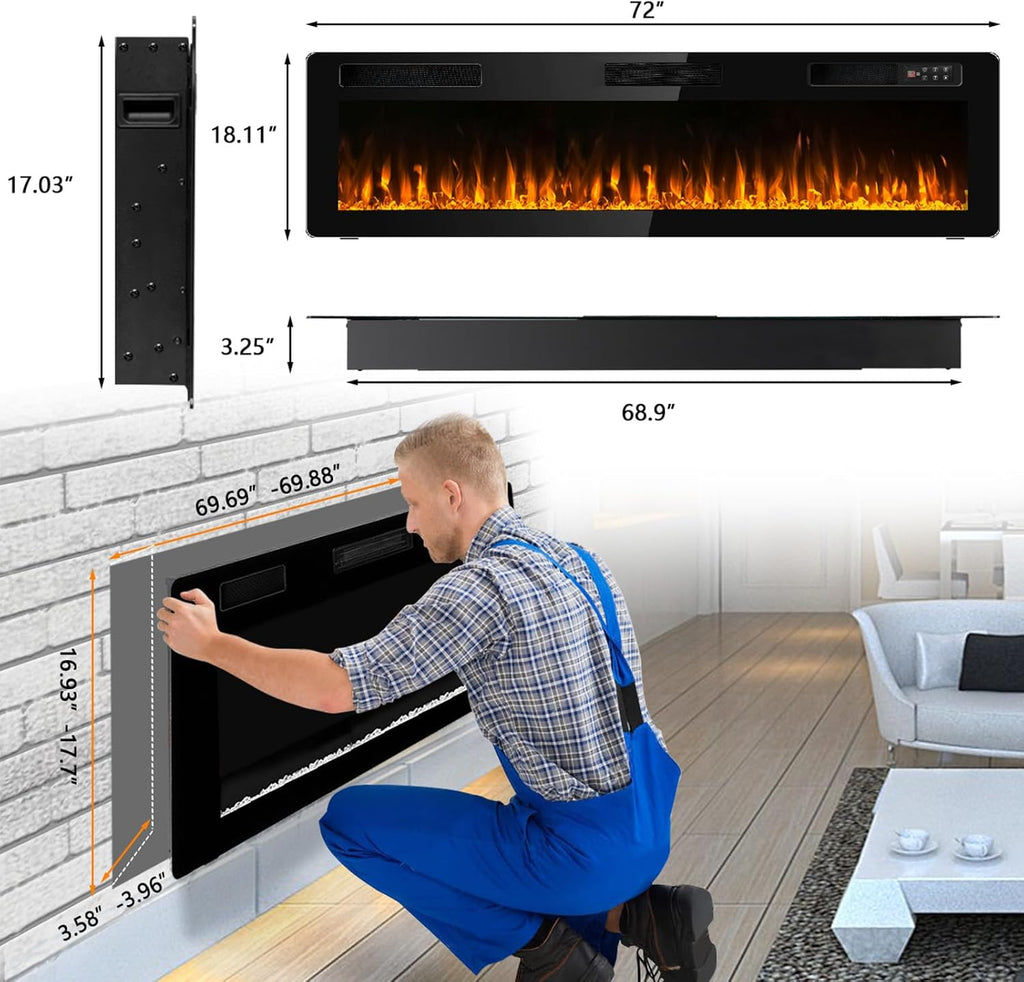 BOSSIN 72 inch Ultra-Thin Silence Linear Electric Fireplace, Recessed Wall Mounted Fireplace, Fit for 2 x 4 and 2 x 6 Stud, 12 Adjustable Flame Color & Speed,Touch Screen Remote Control with 8h Timer