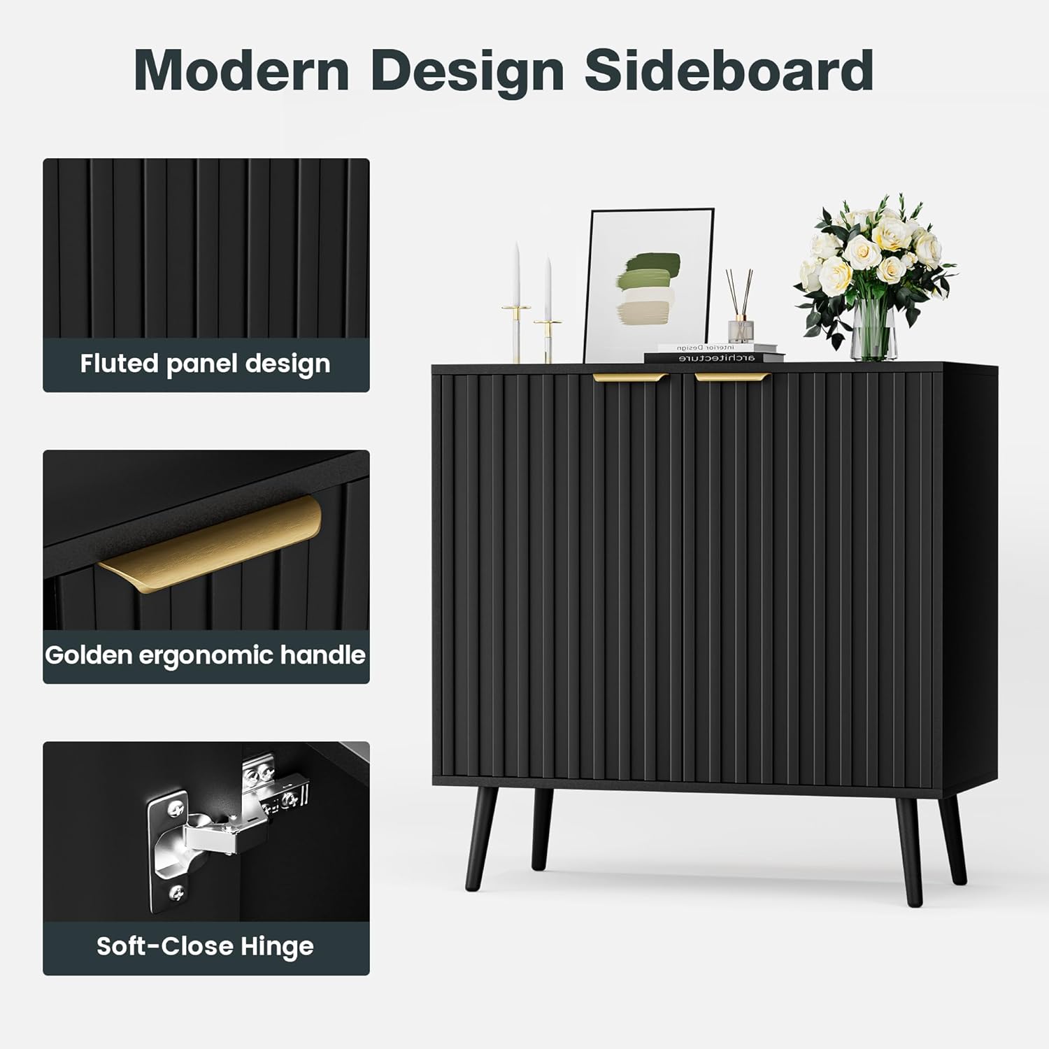 Vrullu Modern Storage Cabinet, Black Sideboard and Buffet Storage, Wood Accent Cabinet for Living Room, Hallway, Entryway, Dining Room (1, Black+Gold)