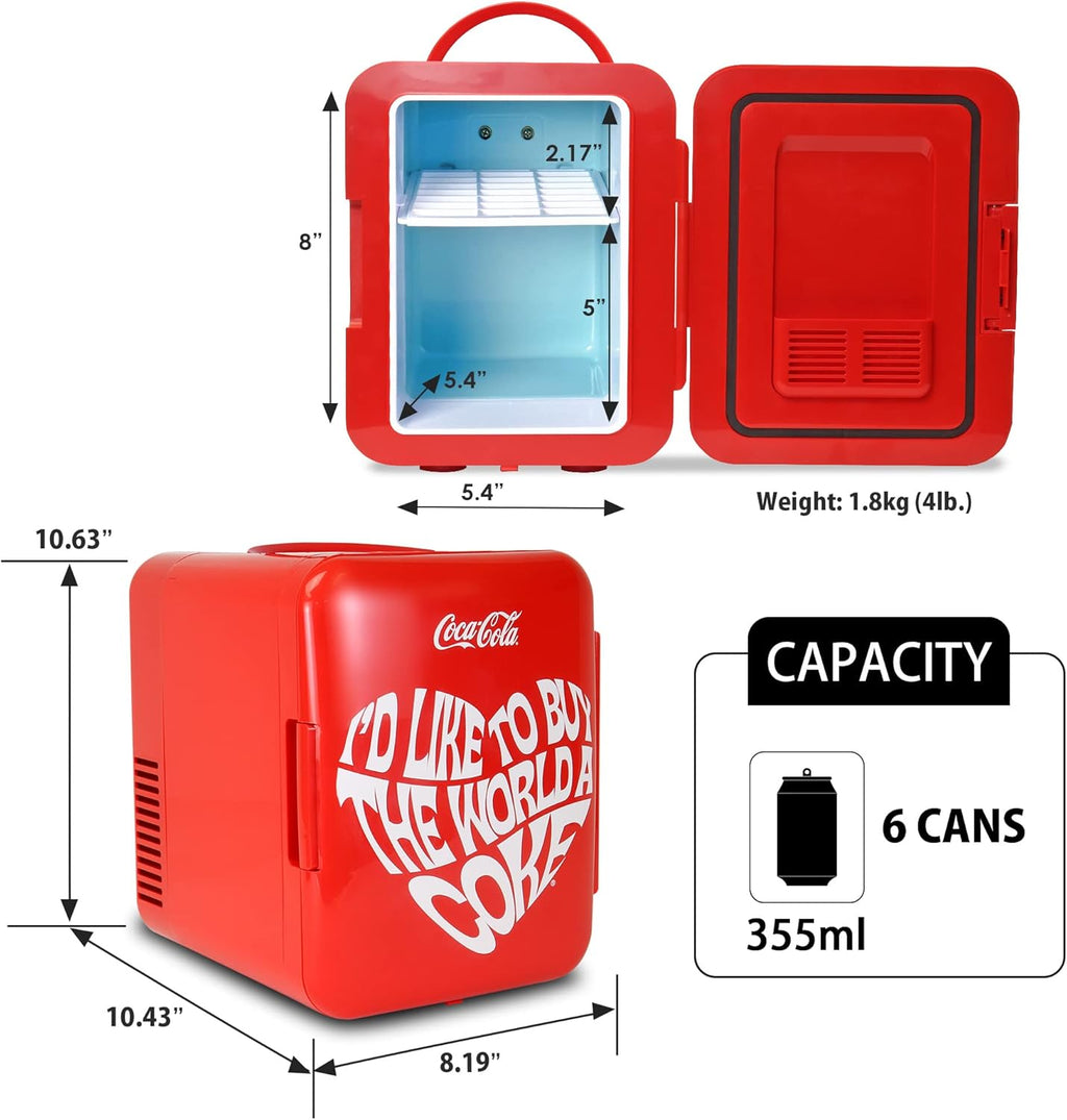 Coca Cola World 1971 Series Portable 6 Can Thermoelectric Mini Fridge Cooler/Warmer, 4 L/4.2 Quarts Capacity, 12V DC/240V AC for Home, Dorm, car, Boat, Beverages, Snacks, Skincare, Cosmetics