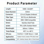 100M/328FT OM3/OM4 LC to LC Outdoor Armored Fiber Optic Patch Cable  Multimode Duplex 50/125μm  10Gb/40Gb/100Gb  Industrial TPU Jacket  Direct Burial  Uniboot  MMF  OD 5mm  Pulling Eye Kit Installed