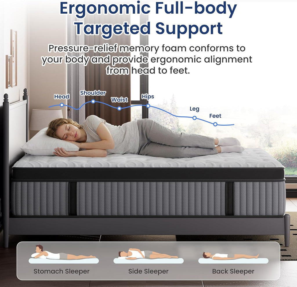 BedStory Extra Firm Queen Mattress 14 Inch, Deep Sleep Hybrid Mattresses 7-Zone Pain Relief - Extra Firm Bed in a Box - Fiberglass Free, CertiPUR-US Certified, 365-Night Trial, 10 Years Warranty