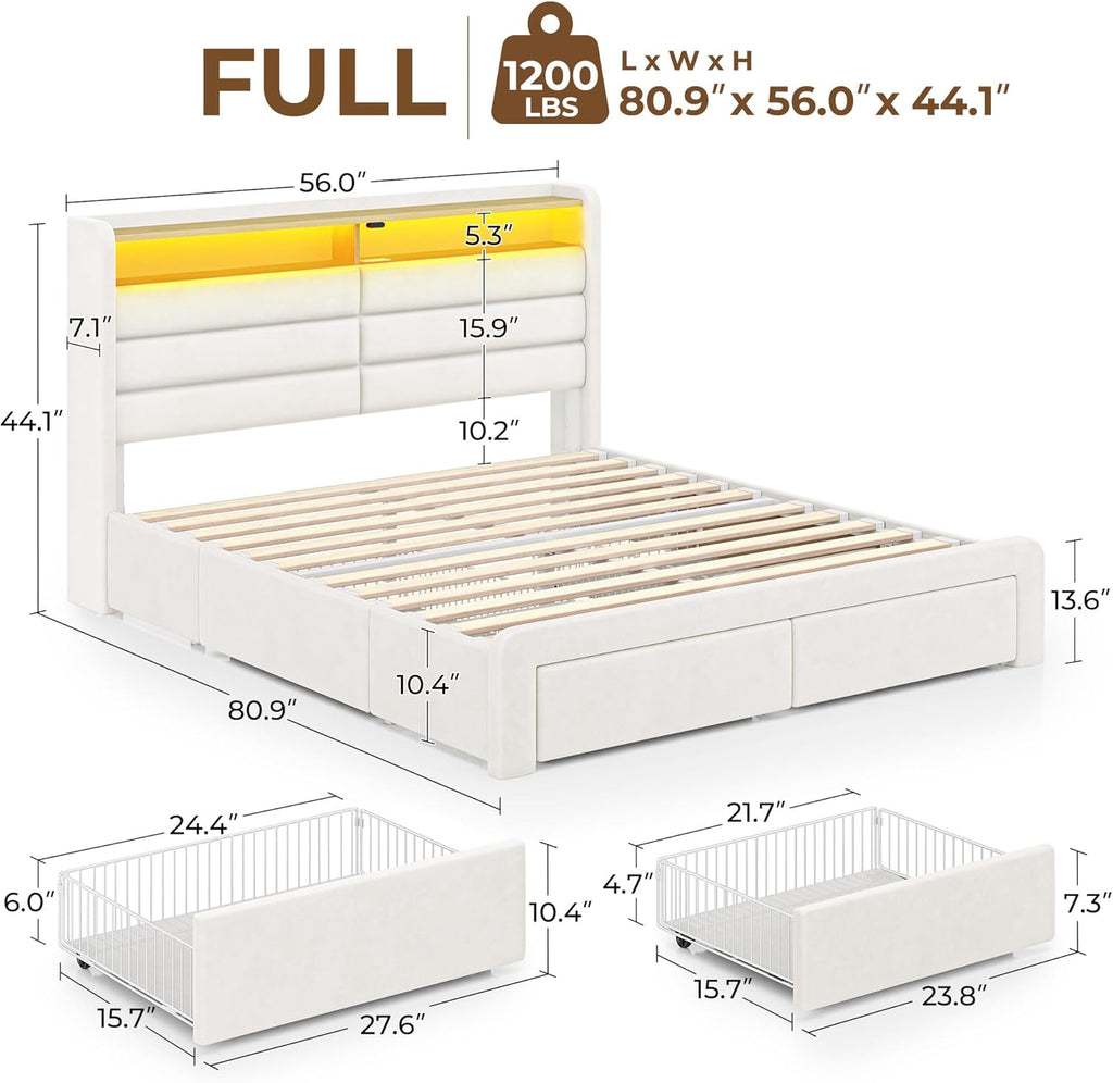 Seventable Full Size Bed Frame with 4 Storage Drawers & Charging Station, Upholstered Platform Bed with Storage Headboard and LED Light, No Box Spring Needed, Noise Free, Easy Assembly, Cream White