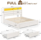 Seventable Full Size Bed Frame with 4 Storage Drawers & Charging Station, Upholstered Platform Bed with Storage Headboard and LED Light, No Box Spring Needed, Noise Free, Easy Assembly, Cream White