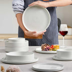 Herogo 24 Piece Dinnerware Sets with Pasta Bowls for 6, Dinner Salad Plates and Cereal Serving Bowls, Stoneware Dishes Dinner Ware for Kitchen Dining, Dishwasher & Microwave Safe, Speckled White