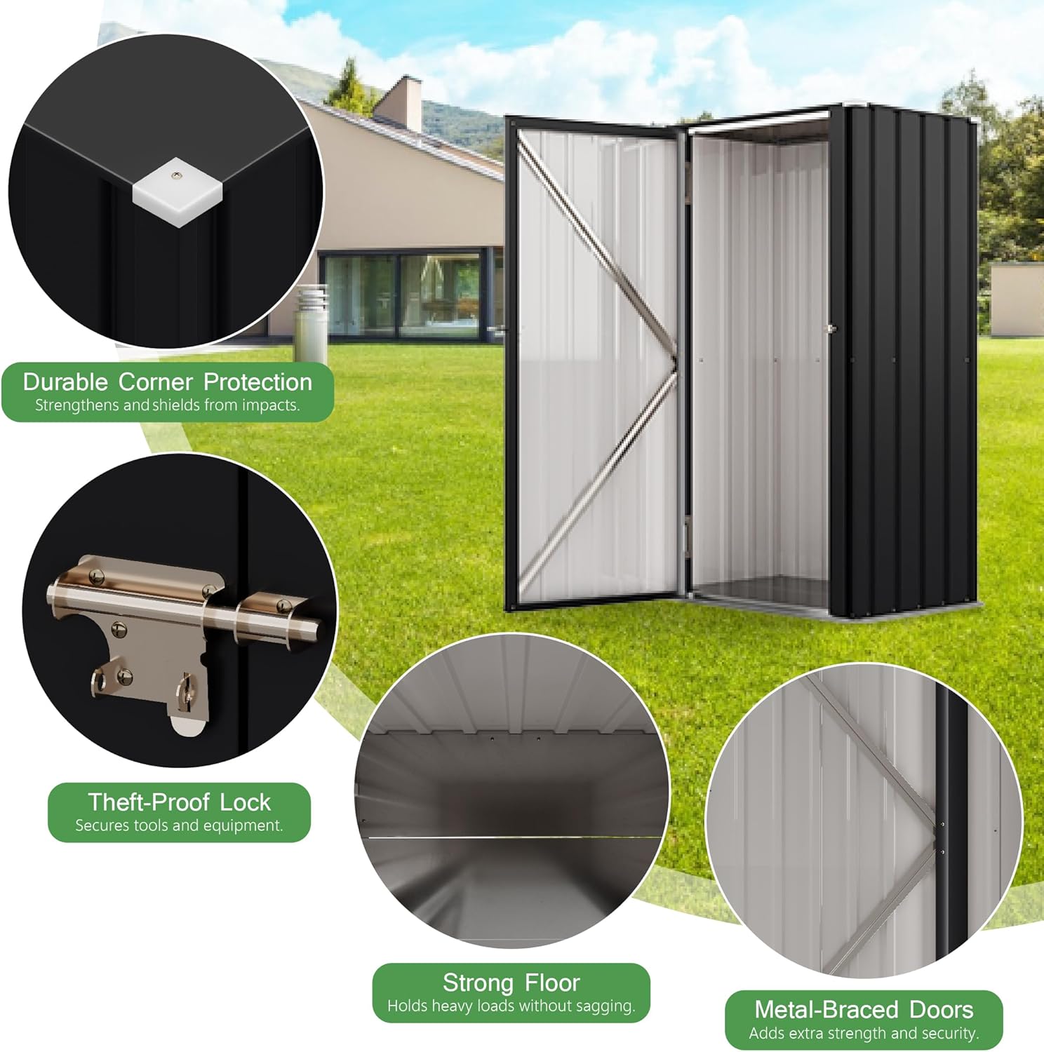 Devoko 22 Cuft Lockable Metal Storage Shed, Vertical Indoor Outdoor Tool Cabinet with Non-Adjustable Shelves for Patio Garden Backyard, Black