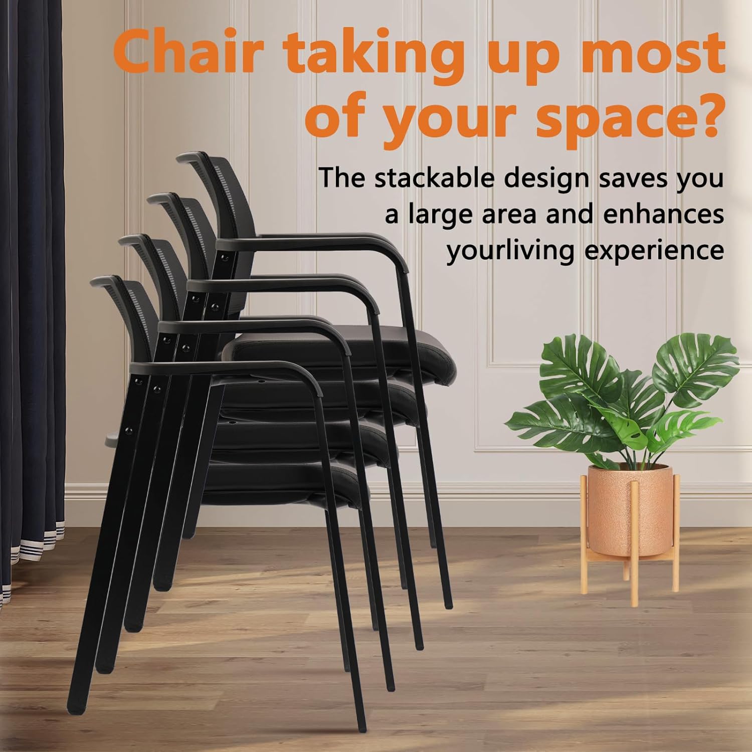 CLATINA Stackable Office Chair, Mesh Back Guest Chairs with Comfortable Leather Seat Arms Stacking Ergonomic Desk Chair No Wheels for Conference Waiting Reception School Stationary, Set of 4, Black