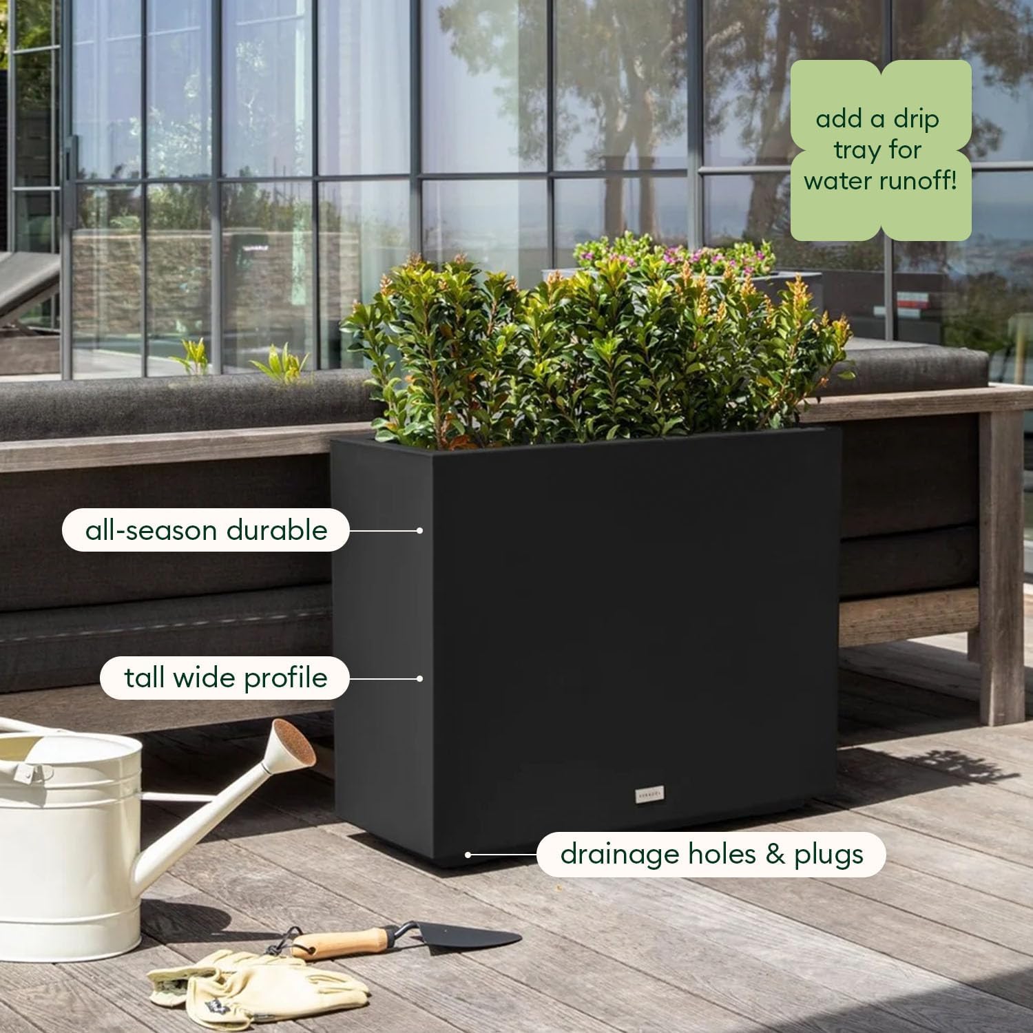 Veradek Block Series Span Plastic Planter - Tall Rectangular Planter for Indoor or Outdoor Patio/Porch | Durable All-Weather with Removable Insert Bucket | Modern Design for Plants  Flowers(2 Pack)