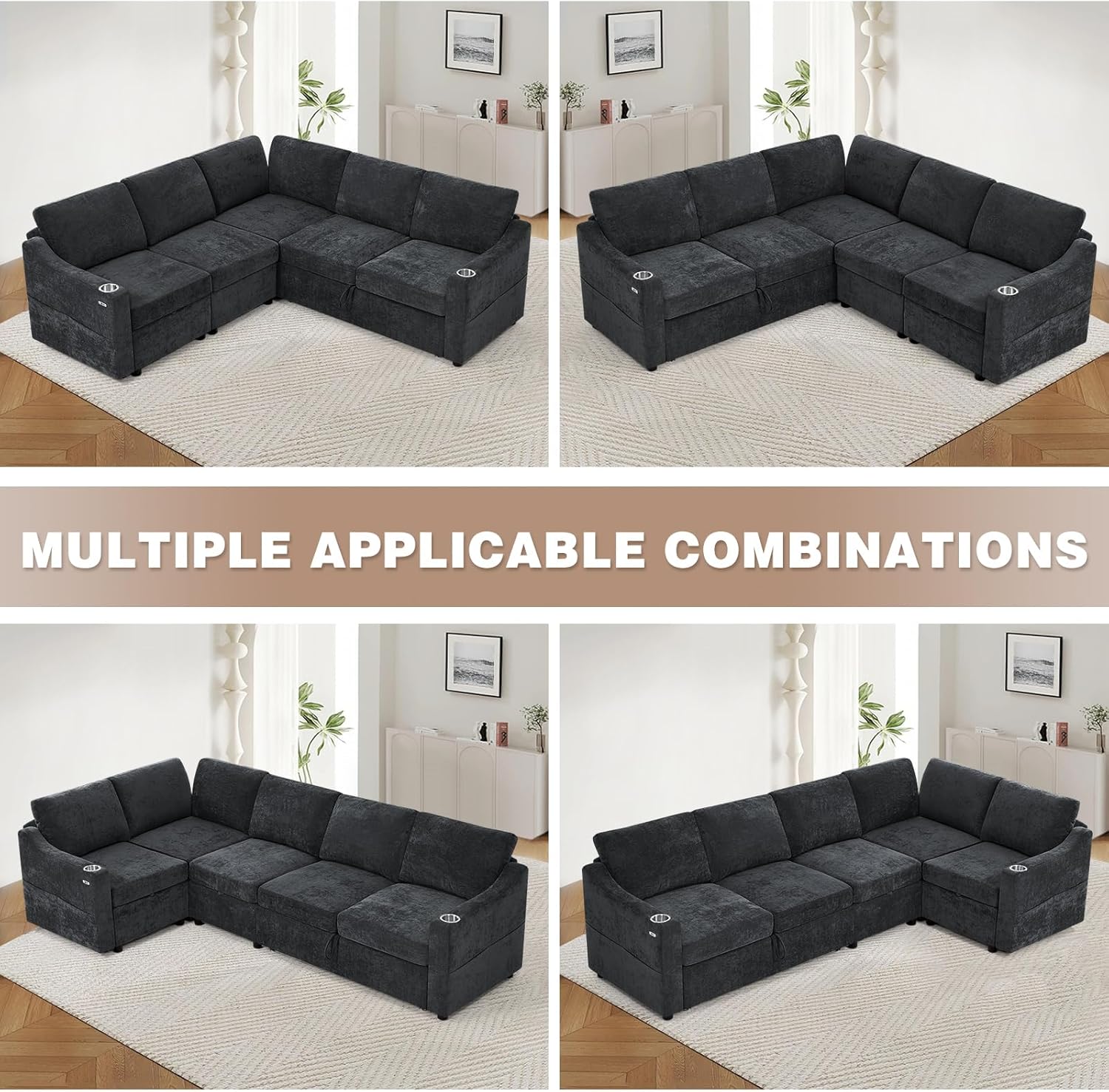 84" Chenille Modular Sleeper Sofa with Adjustable Backrests, Convertible Corner Sofa with USB Ports, L-Shape Sectional Couch with Pull-Out Bed & Storage Space for House, Living Room, Black
