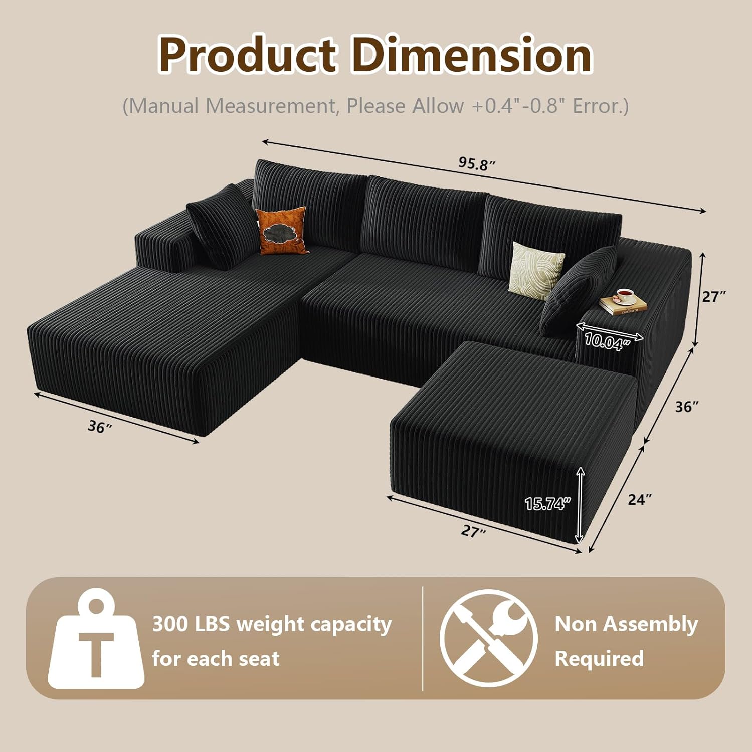 96" U-Shape Cloud Couch, Modern Modular Sectional L-Shape Sofa with Ottoman, Corduroy Upholstered Couches Deep Seat Sleeper Chaise Longue for Living Room, No Assembly Required(Black, Left Facing)