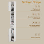 Tall Storage Cabinet, 7.9 Inch Narrow Bathroom Cabinet with USB Magnetic Light, Open Shelf, Magnetic Doors & Drawer, 5 Adjustable Shelves, Anti-Tip Kit for Small Spaces, Living Room, White, 70.9" H