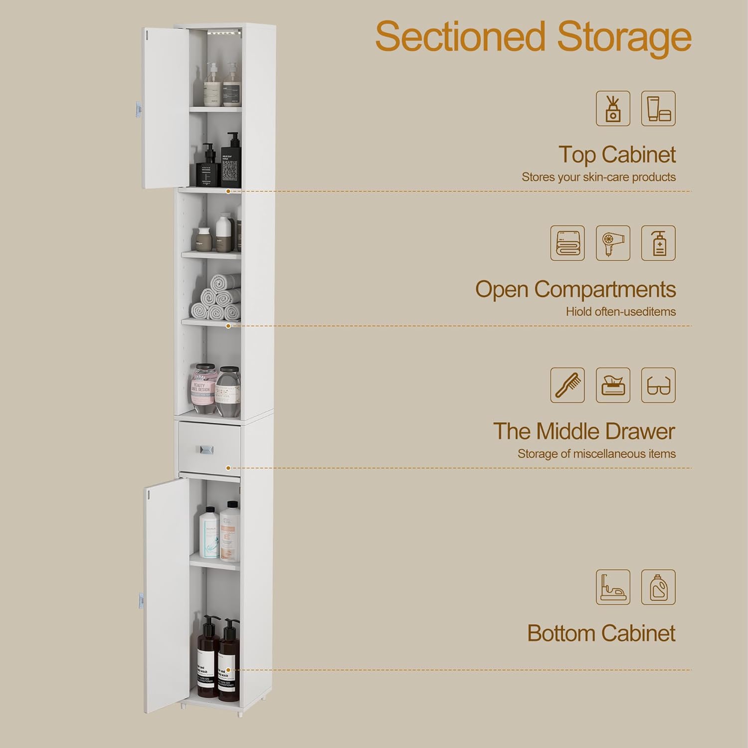 Tall Storage Cabinet, 7.9 Inch Narrow Bathroom Cabinet with USB Magnetic Light, Open Shelf, Magnetic Doors & Drawer, 5 Adjustable Shelves, Anti-Tip Kit for Small Spaces, Living Room, White, 70.9" H