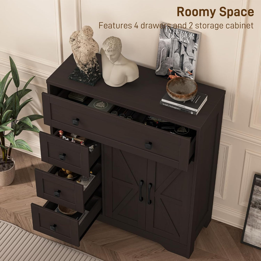 Vabches Farmhouse Storage Cabinet with 2 Doors and 4 Drawers, Freestanding Bathroom Storage Cabinet Kitchen Pantry, Floor Cupboard for Living Room/Bathroom/Kitchen,Espresso