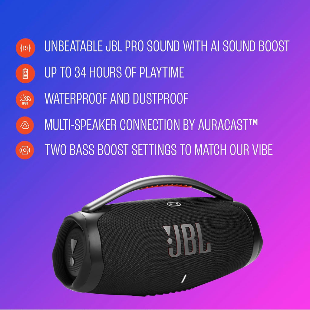 JBL Boombox 4 - Most Powerful Portable Waterproof Speaker with Massive Pro Sound  Up to 34 Hours of Playtime  & Multi-Speaker Connection by Auracast™ (Black)