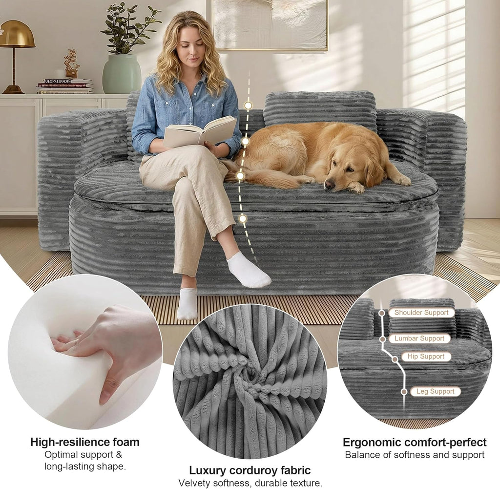 75'' Folding Sleeper Sofa Bed, Convertible Memory Foam Boneless Couch, Foldable Full Size Guest Bed, Modern 2-in-1 Futon Floor Sleeper Sofa with 4 Pillows and Blanket (Corduroy, Gray)