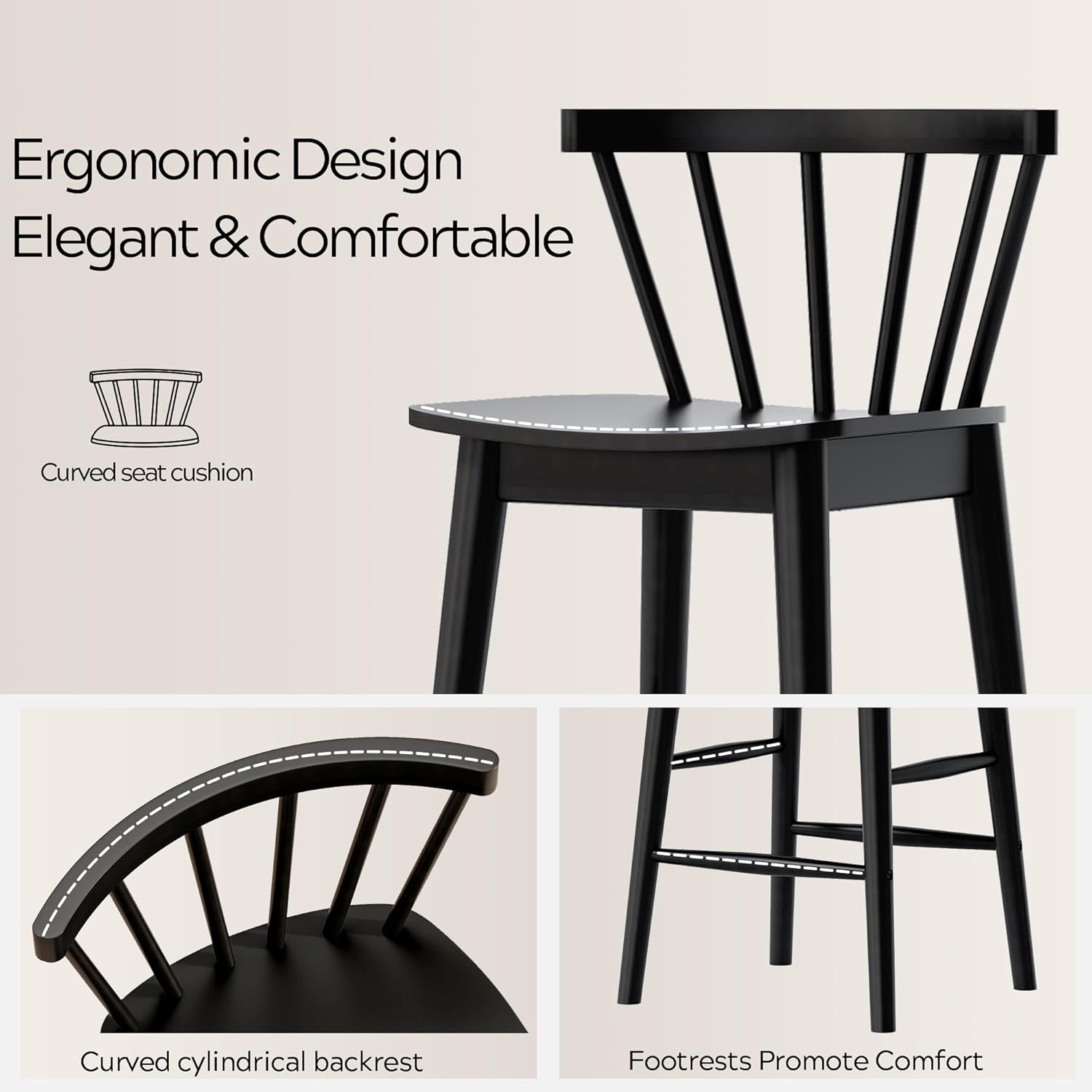 Wood Bar Stools Set of 3, 24" Barstool Farmhouse Counter Stools with Curved Back for Dining Room, Black