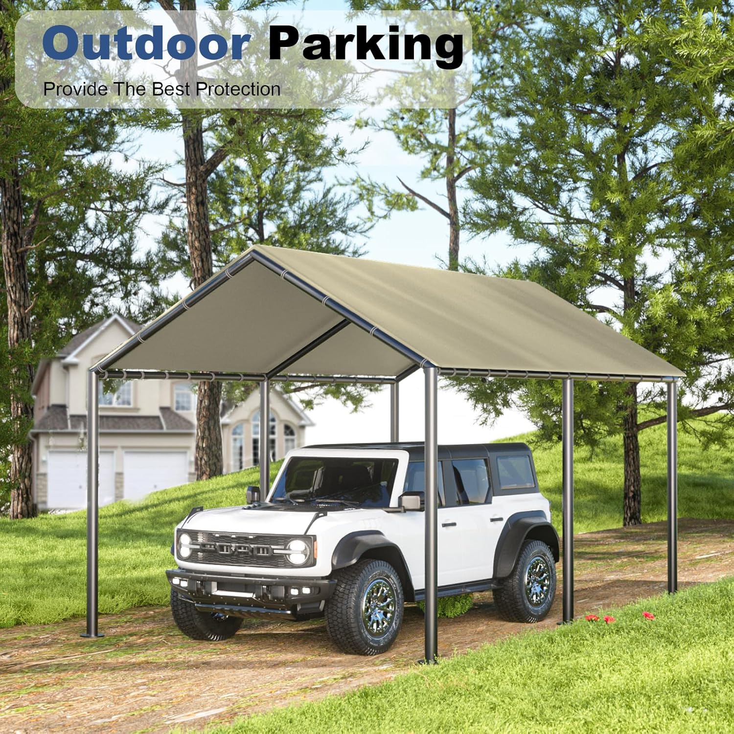 10x20ft Portable Car Tent Garage with UV Resistant Canopy, Easy to Assemble Portable Garage, Stable Carport for Car, Bike, Camp, Outdoor Storage (Beige)