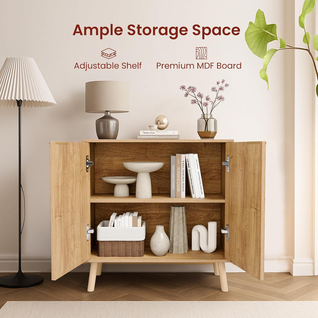 Fluted Buffet Cabinet, Free Standing Sideboard with Storage, Wood Accent Cabinet with Doors & Shelf, Multifunctional Credenza, Sideboard Buffet for Living Room, Dining Room(1, Natural)