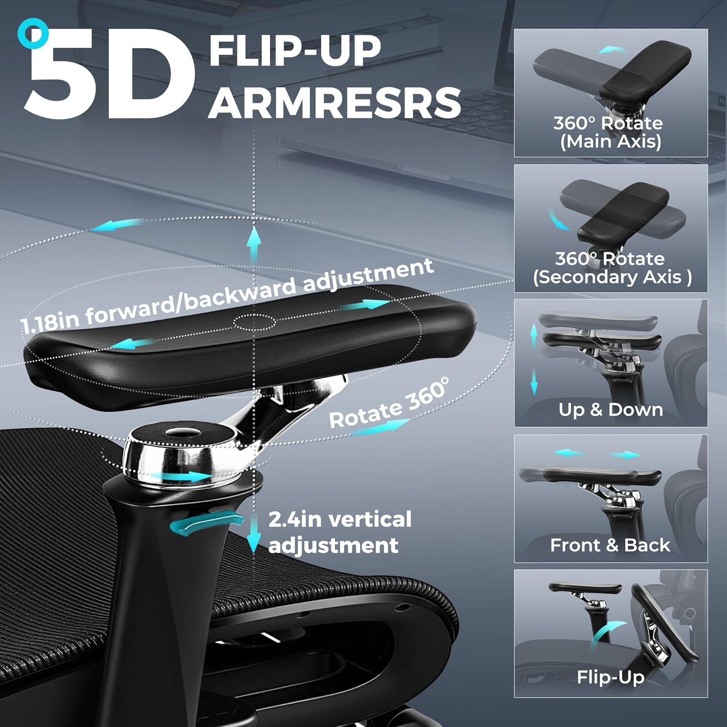 Ergonomic Office Chair with Footrest, Big and Tall Home Desk Chair, High Back Rolling Computer Chair with 5D Flip-Up Arms and Lumbar Support, Comfy Gaming Chair, Swivel Mesh Chairs, Black