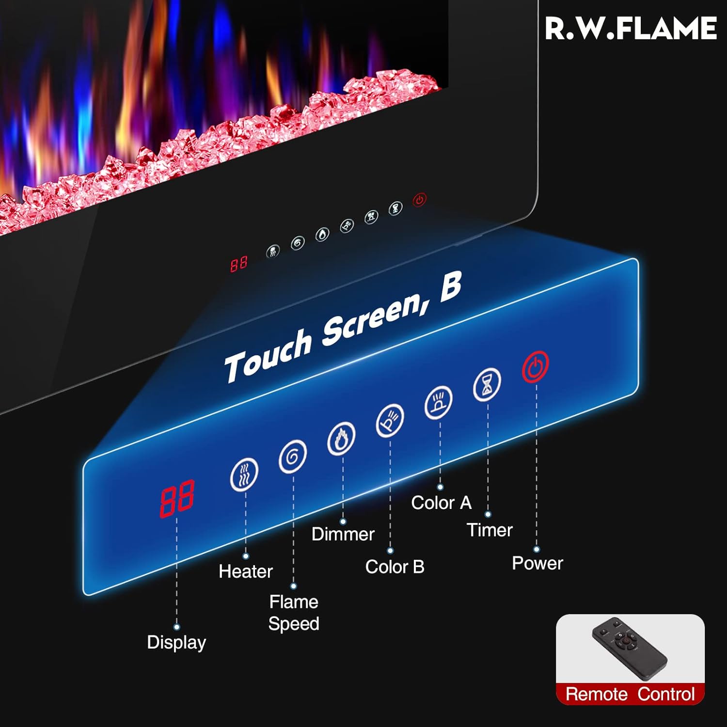 R.W.FLAME 60" Recessed and Wall Mounted Electric Fireplace, Low Noise, Fit for 2 x 6 Stud, Remote Control with Timer, Touch Screen, Adjustable Flame Color and Speed, 750-1500W