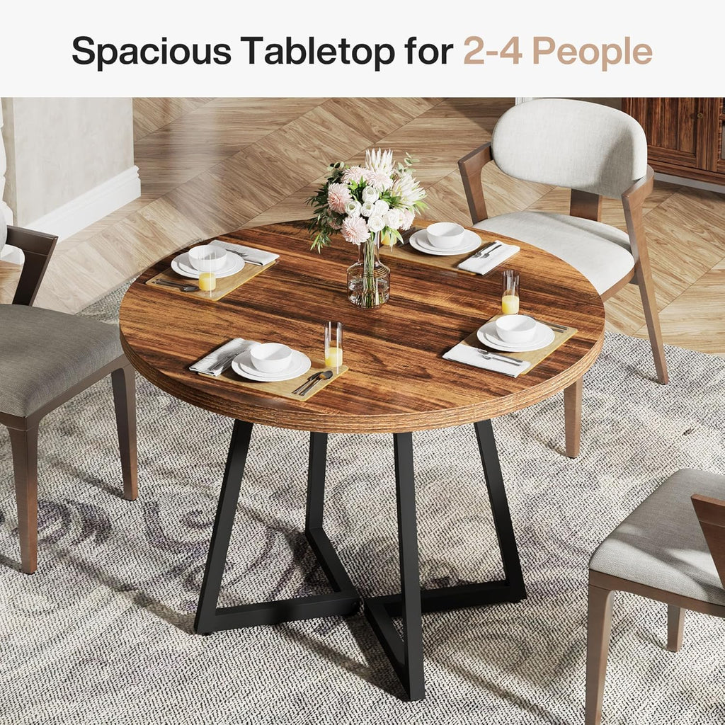 Tribesigns Round Dining Table for 2, 31.5" Industrial Kitchen Table with Metal Base, Small Table for Dining Room, Small Space, Apartment, Office, Restaurant, Rustic Brown & Black