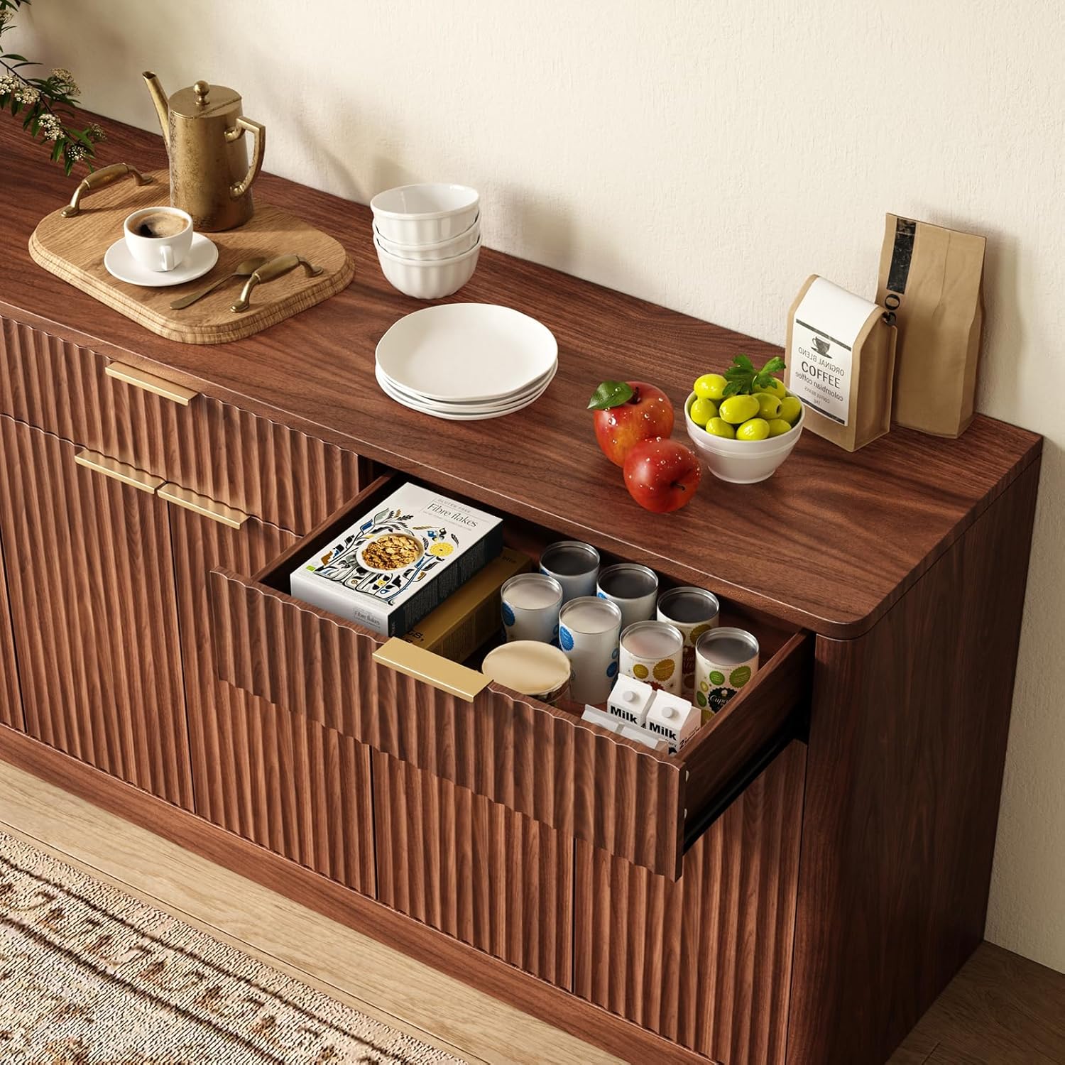 Evermagin 67" Fluted Walnut Sideboard Buffet Cabinet with 3 Drawers, Modern Credenza with Storage, Console Coffee Bar Cabinet for Kitchen, Living Room and Entryway (67" W x 31.5" H x 15.7" D)