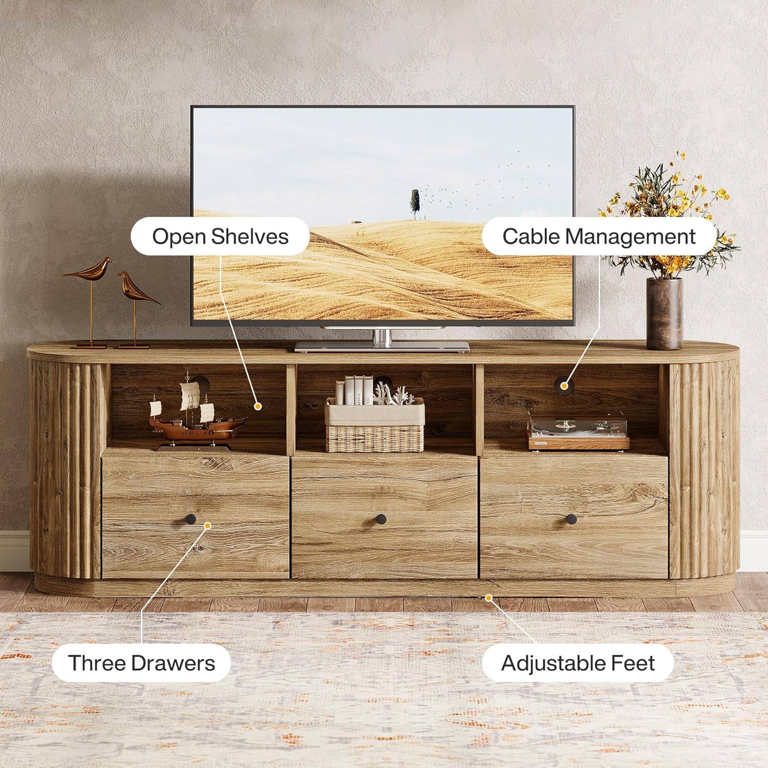 Tribesigns 70.87" TV Stand for TVs up to 80", Modern Curved Media Console with 3 Drawers and Open Storage, Fluted Entertainment Center for Living Room, Brown