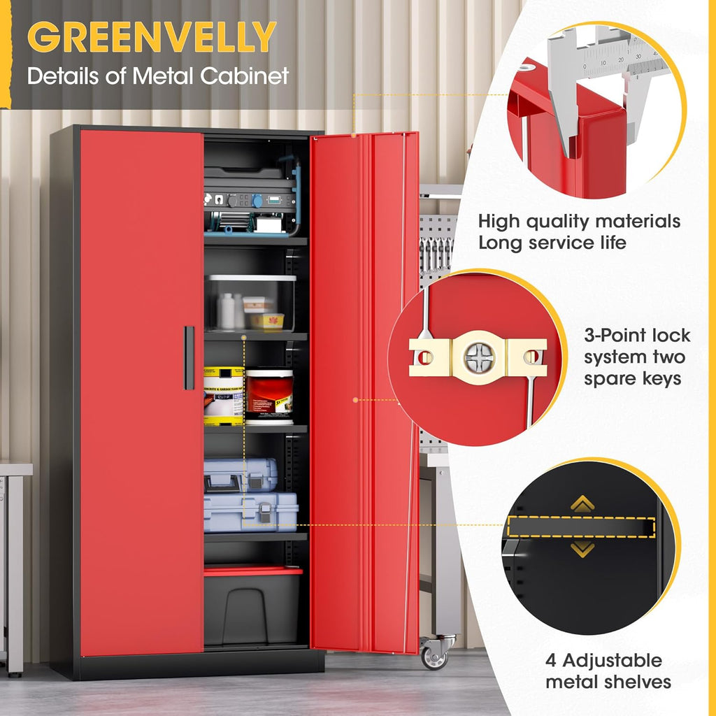 Greenvelly Metal Storage Cabinet, Steel Garage Cabinet with Doors and Adjustable Shelves, Metal Cabinet with Lock,Tall Metal Office Storage Cabinet for Garage,Home Office,School (Black Red)