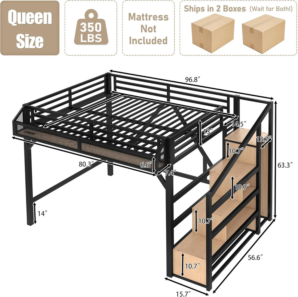 Bellemave Queen Loft Bed Frame with Storage Stairs, Beside Shelf & Wardrobe, Metal Queen Size Loft Bed with USB Ports&LED Light, Large Under-Bed Space Loft Beds for Adults,Teens, Kids, Black Natural