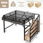 Bellemave Queen Loft Bed Frame with Storage Stairs, Beside Shelf & Wardrobe, Metal Queen Size Loft Bed with USB Ports&LED Light, Large Under-Bed Space Loft Beds for Adults,Teens, Kids, Black Natural
