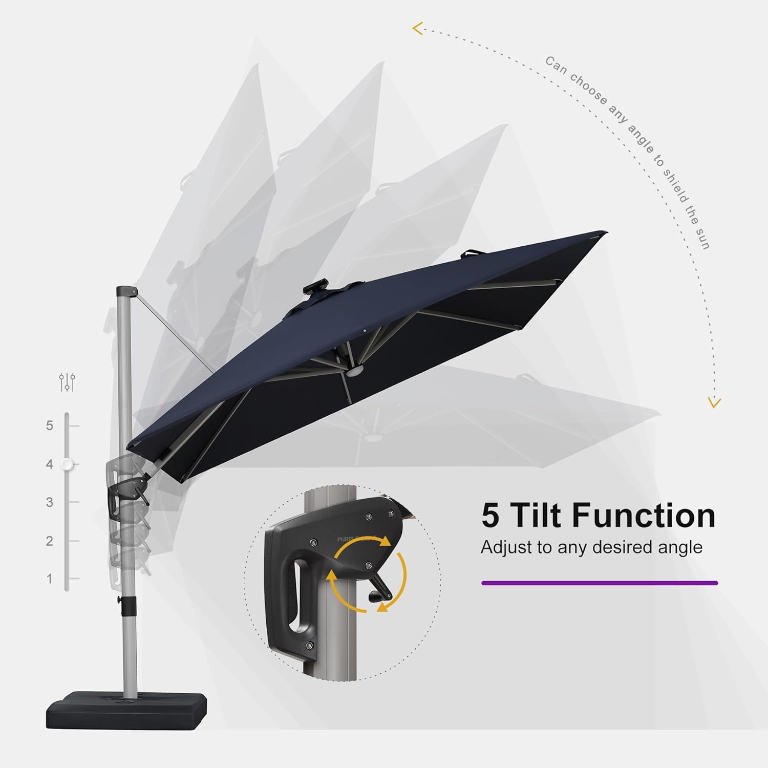 PURPLE LEAF 9' X 12' Patio Umbrella with Lights Outdoor Rectangle Cantilever Umbrella Solar Powered LED with 360-degree Rotation for Garden Deck Pool Patio, Navy Blue