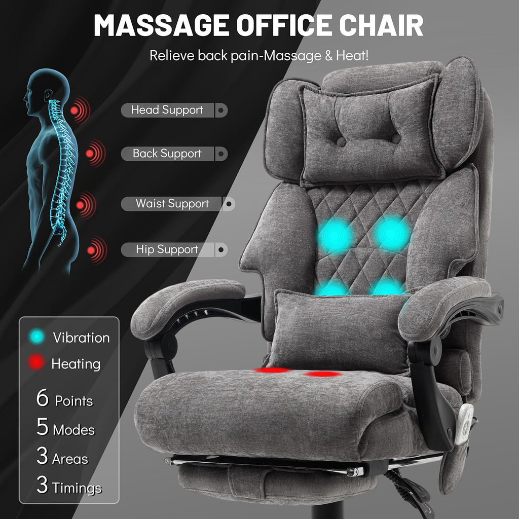 Massage Office Chair with Foot Rest,6 Points Vibration & Heat Executive Office Chairs for Heavy People,500LBS Big and Tall Office Chair,Ergonomic Reclining Desk Chair,Dual-Use Pillow,Grey