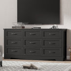 Dresser for Bedroom with 9 Drawers, 59" Wide Modern Chest of Drawers with Deep Drawers & Mental Handle, Wood Dresser TV Stand, Wooden Closet Storage Organizer for Living Room, Hallway, Entryway, Black