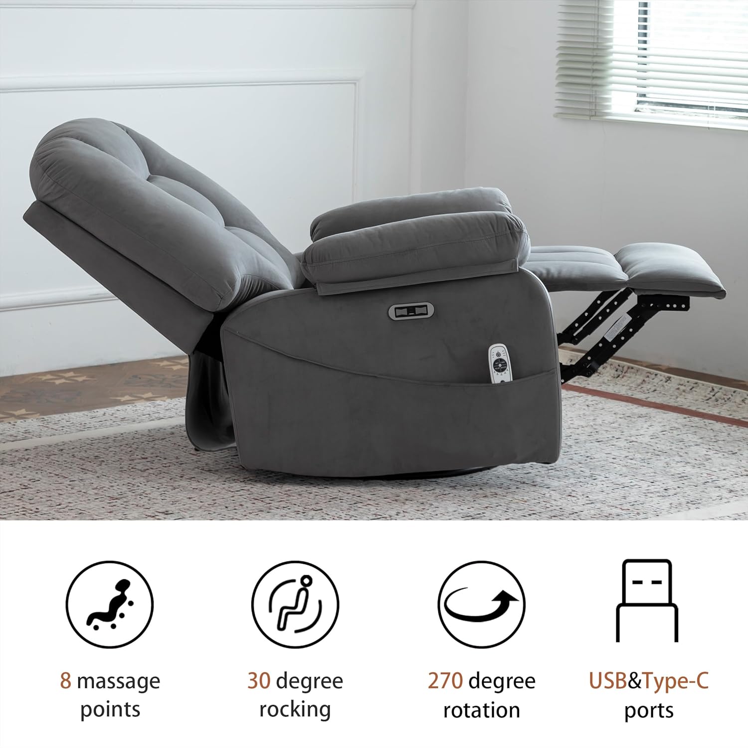 Power Swivel Rocker Recliner with Massage and Heat, USB and Type-C Port, Infinite Position, Electric Glider Rocking Chairs Living Room, Soft Fabric Reclining Sofa Chair (Velvet Grey)