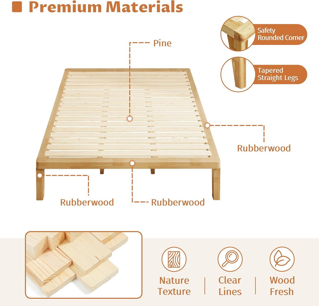 IOTXY Full Platform Bed Frame - 12 Inch Solid Wood Mattress Foundation Base with Heavy-Duty Support Slats & Legs, Rubberwood Full-Size Bedframe