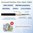 100M/328FT OM3/OM4 LC to LC Outdoor Armored Fiber Optic Patch Cable  Multimode Duplex 50/125μm  10Gb/40Gb/100Gb  Industrial TPU Jacket  Direct Burial  Uniboot  MMF  OD 5mm  Pulling Eye Kit Installed