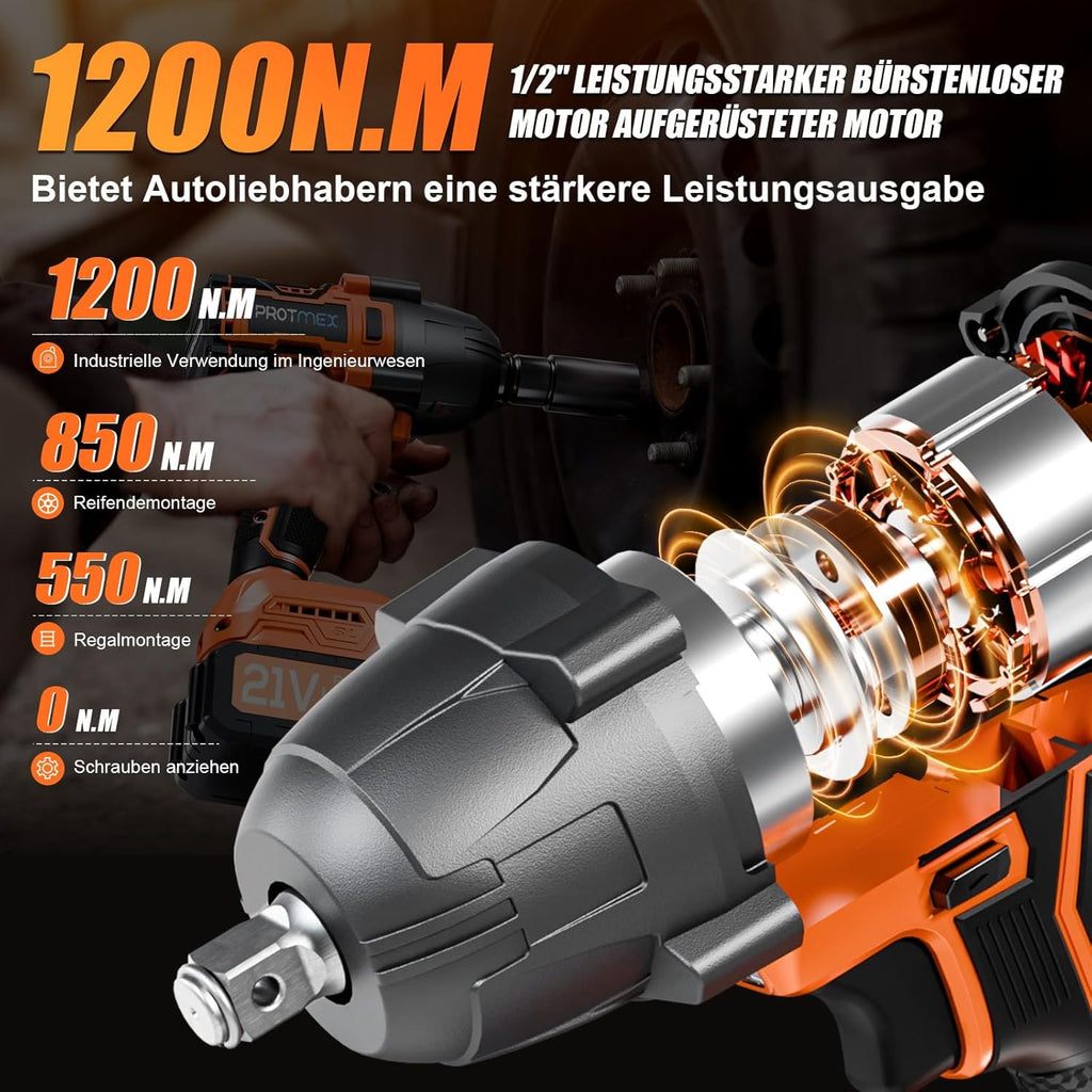 Protmex Cordless Impact Wrench, 900Ft-lbs (1200N.m) 1/2" Brushless Impact Gun, 21V High Torque Power Impact Driver, 2x4.0Ah Batteries Electric Impact Motor Variable Speeds for Car/Pickup Truck/Mower