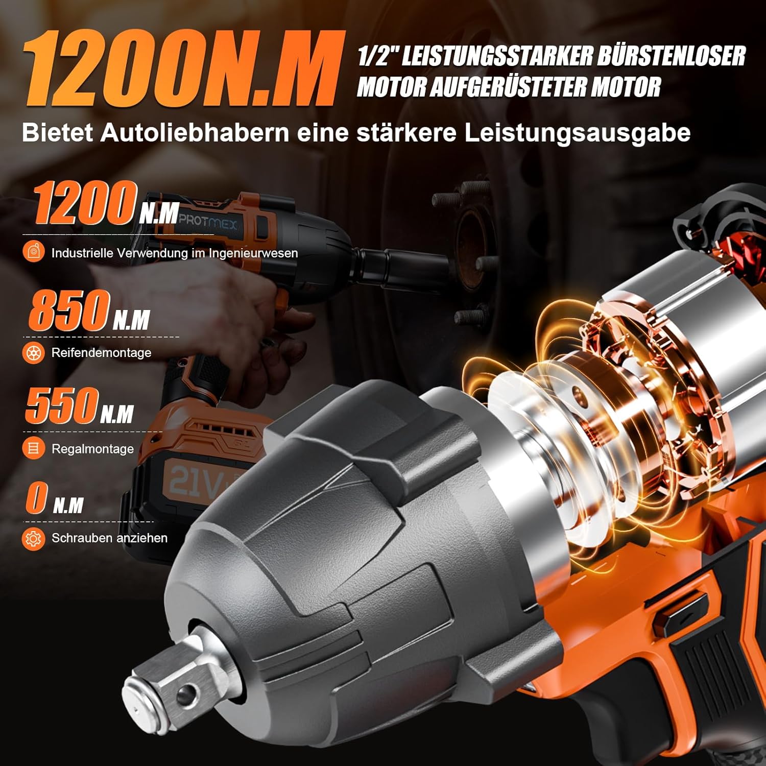Protmex Cordless Impact Wrench, 900Ft-lbs (1200N.m) 1/2" Brushless Impact Gun, 21V High Torque Power Impact Driver, 2x4.0Ah Batteries Electric Impact Motor Variable Speeds for Car/Pickup Truck/Mower