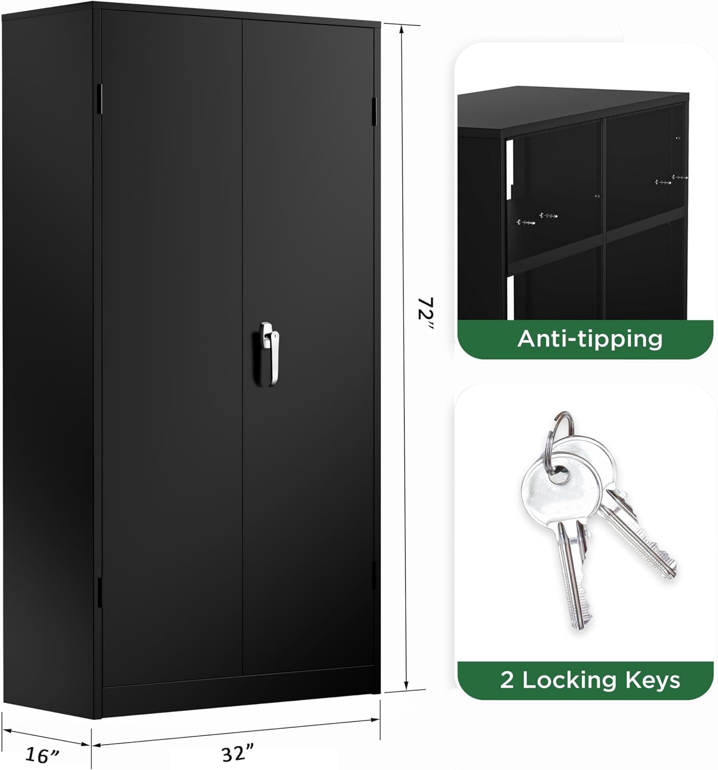 Greenvelly Metal Cabinet with Lock, 72" Metal Storage Cabinet with 2 Doors and Adjustable 4 Shelves, Locking Cabinet for Home Office, Garage(32" W x 16" D), Black