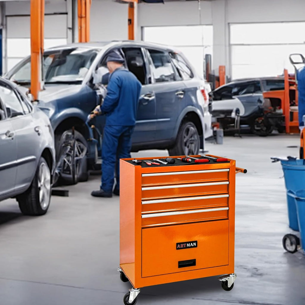 4 Drawers Rolling Tool Cart on Wheels, Trolley Organizer Tool Case Tool Chest, Multifunctional Tool Storage Tool Box for Workshop, Garage, Warehouse, Repair Shop(24.2"W×12.9"D×29.9"H-Orange)