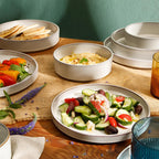 Bloomhouse - Two Time Oprah's Favorite Things Winner - Santorini Mist Double Bowl Terracotta Reactive Glaze Plates and Bowls Dinnerware Set - Moonstone White, Service for Four (16pcs)