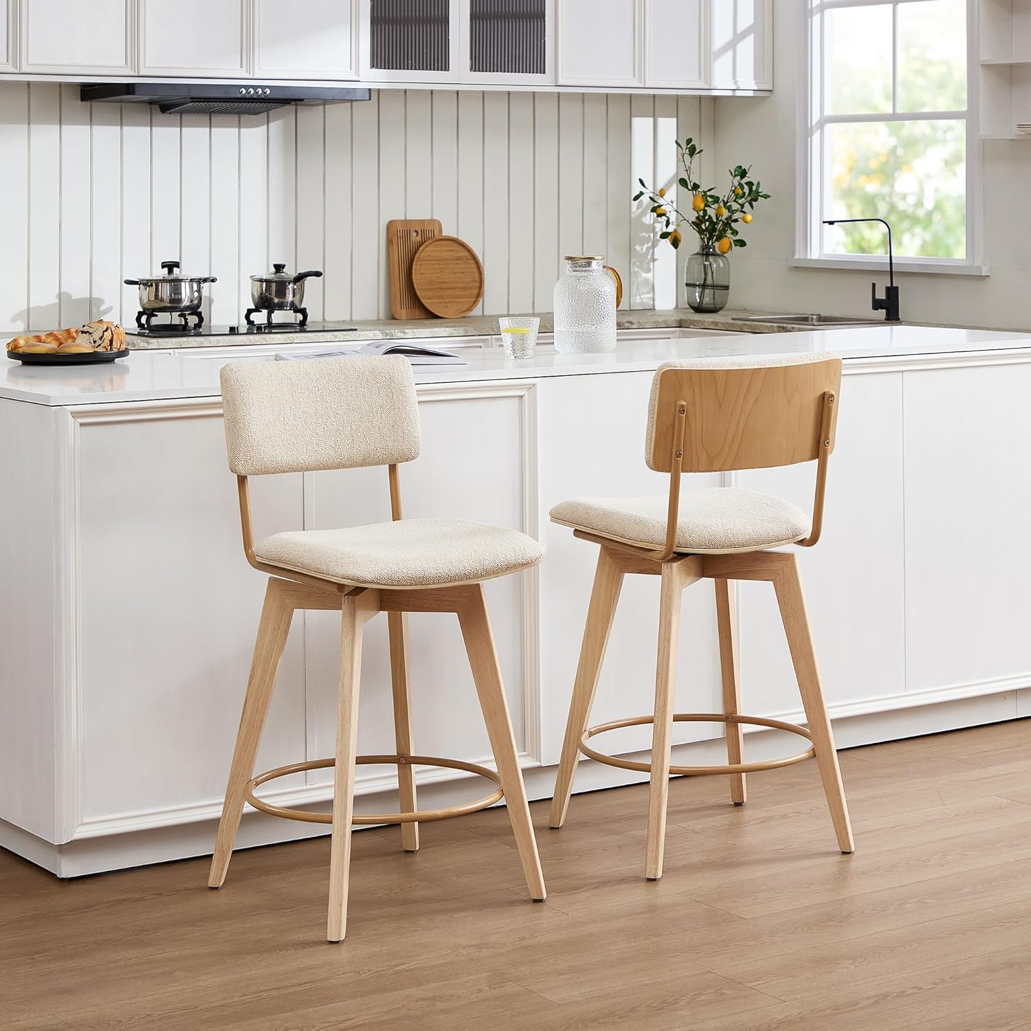 Swivel Counter Height Barstools, 26" Natural Wood Bar Stools Set of 2, Kitchen Counter Stools with Wooden Legs, Linen Fabric Island Chairs for Kitchen Island and Home Pub, Beige + Natural Finish