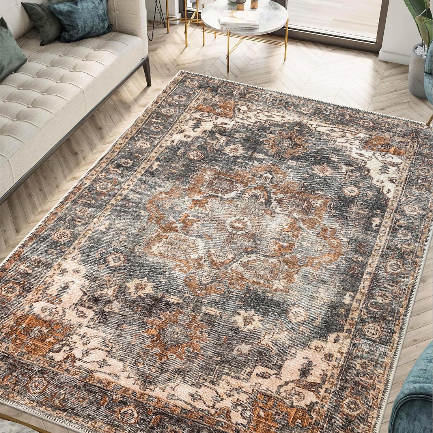 Keen Home Design 9x12 Rug - Machine Washable Area Rug with Non-Slip Backing, Ideal for Living Room, Dining Room, Bedroom - Vintage, Easy Clean, Durable, Low Pile Rug - (9' x 12')