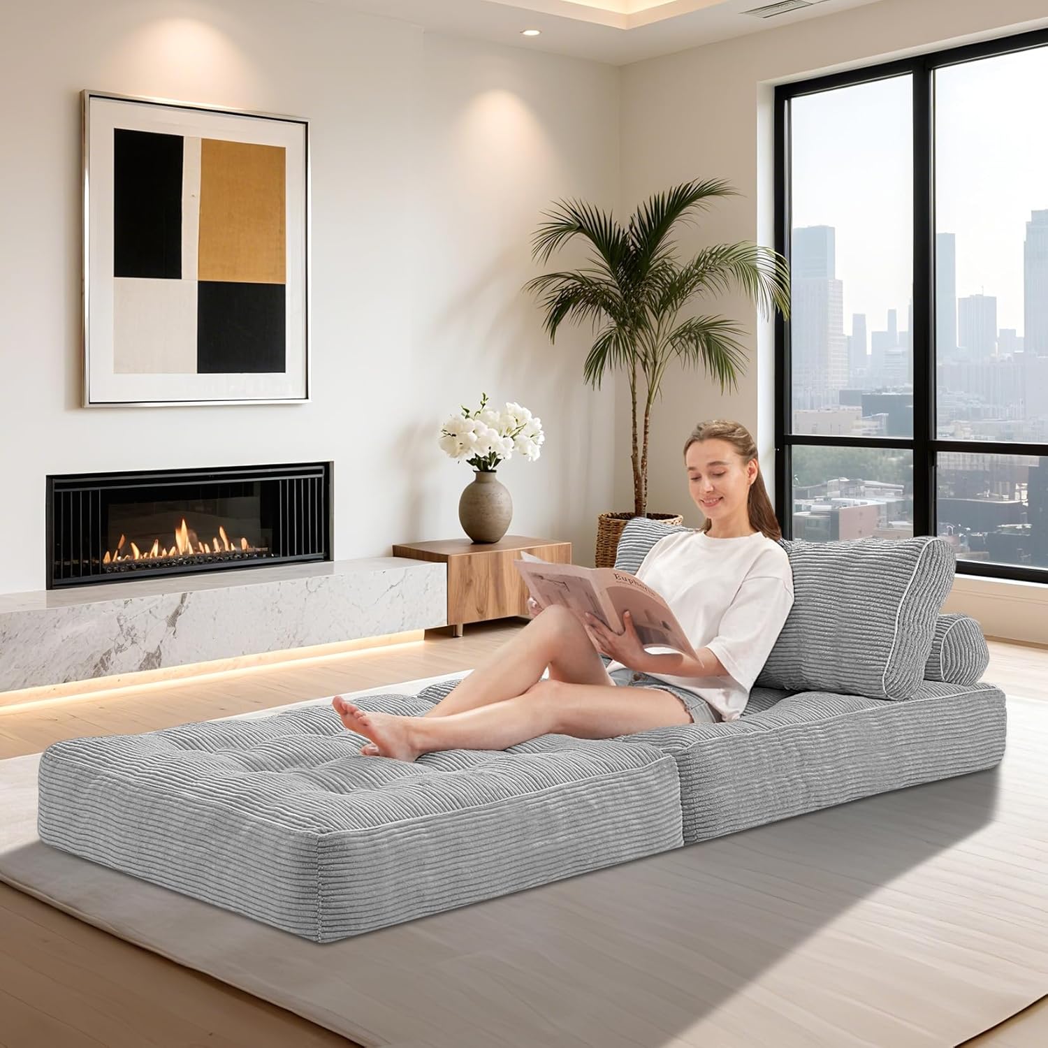 HABUTWAY Folding Sofa Bed, Convertible Sleeper Chair Bed w/Dual-Pillow & Handle, Foldable Floor Sofa Lounge w/Back Support for Living Room, Bedroom, Apartment, Office, Single, Light Grey