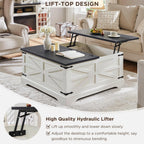 JXQTLINGMU 3-Piece Farmhouse Coffee Table and End Table Sets, Includeds 36" Lift Top Square Coffee Table w/Storage & 2 Rustic Wood End Tables w/Charging Station & Barn Doors for Living Room(White)